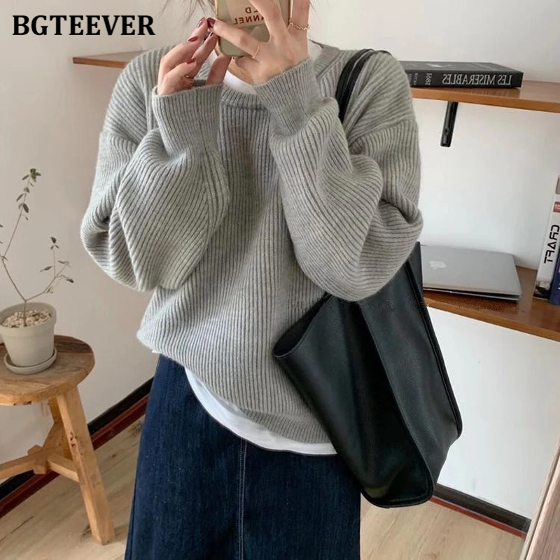 BGTEEVER Autumn Winter Warm Loose Full Sleeve Women Knitted Pullovers Tops Casual O-neck Female Solid Sweaters Jumpers 2021