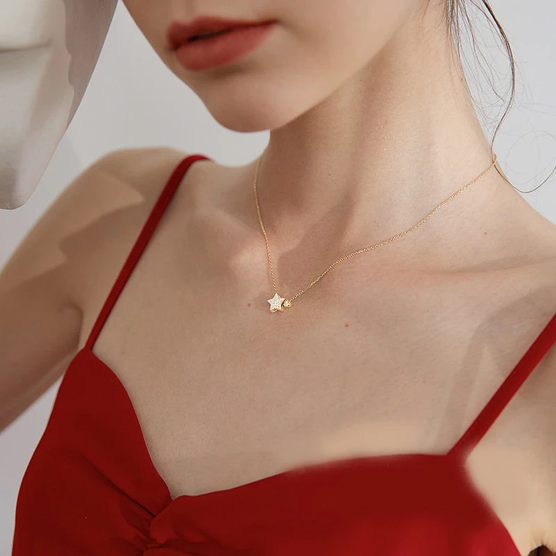 Birthday Gift 925 Sterling Silver Cute Shiny Star Collar Pendant Flashing Diamond Necklace Woman Charm Jewelry Wedding Party Gif