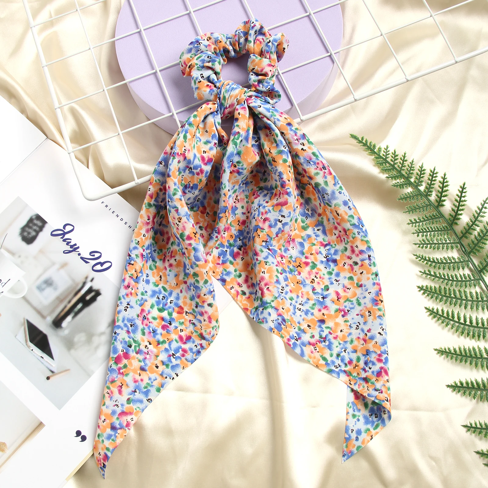 Fashion Floral Printing Bow Long Ribbon Ponytail Scarf Hair Tie Scrunchies Women Girls Elastic Hair Bands Hair Accessories