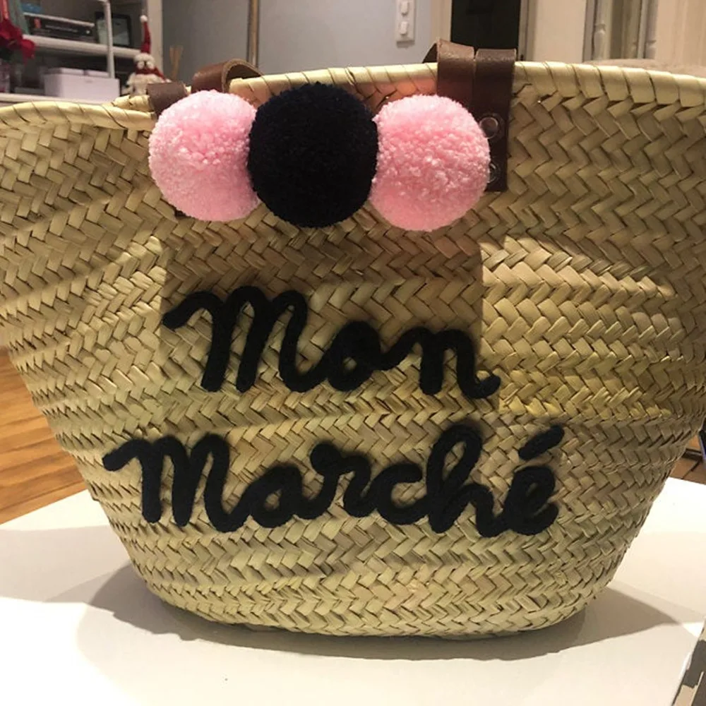 Personalised name colorful monogrammed bag ,beach straw bag, customized beach bag, personalized pompoms straw moroccan basket