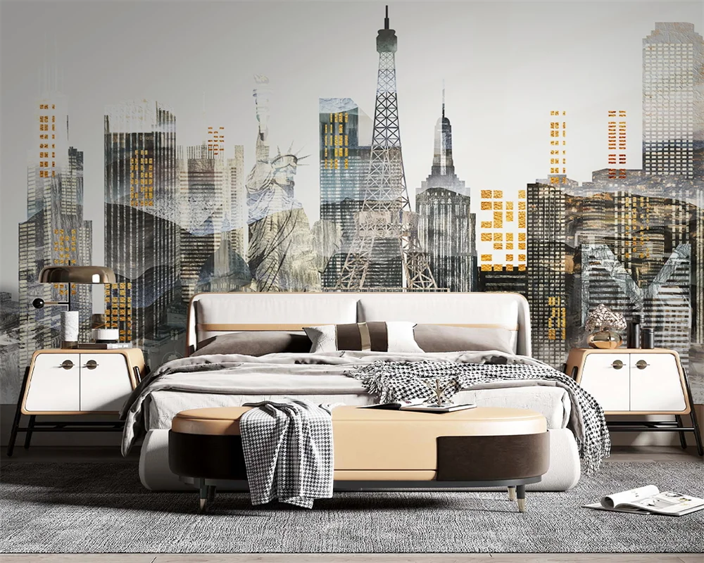 beibehang Custom modern new hand-painted urban architecture TV bedroom living room background wallpaper wall papers home decor