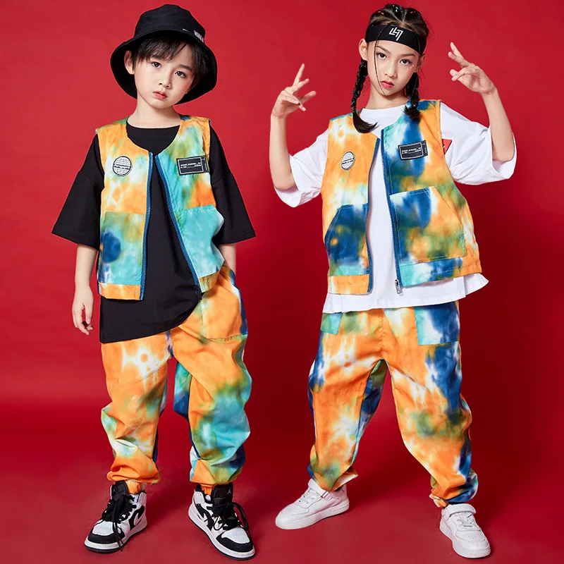 2024 Children Clothing Tie Dye Vest Loose Pants Street Dance Outfits Boys Girls Jazz Dance Performance Stage Costumes DQS8049