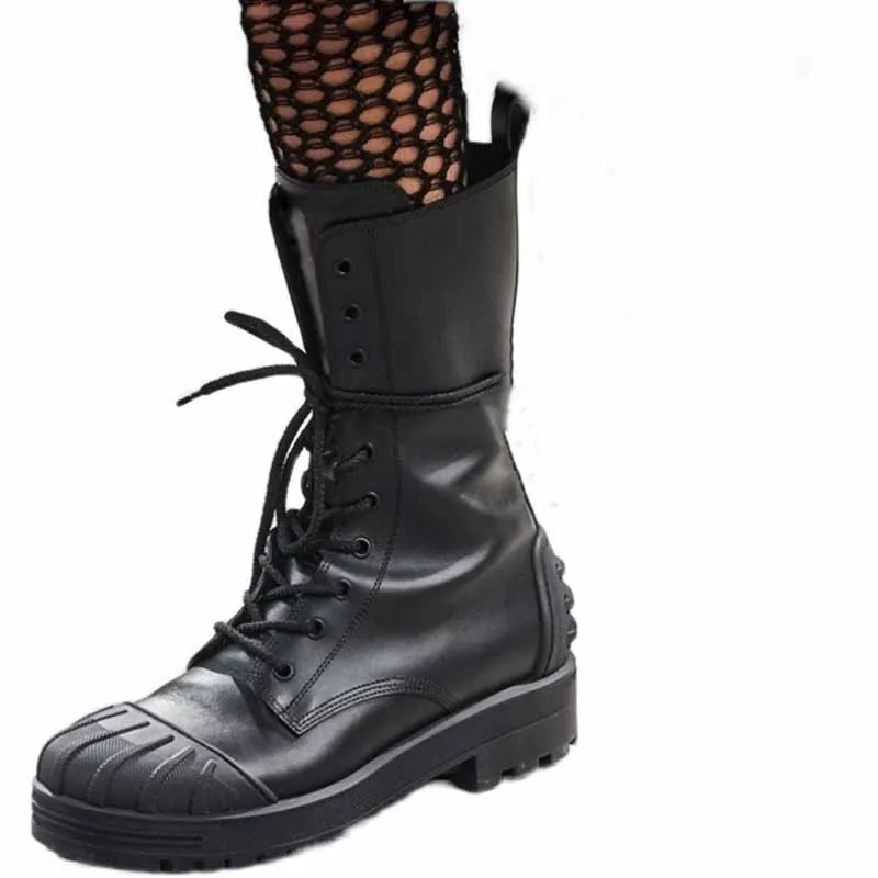 Western Fashion Bandage Lace Up Boots Low Chunky Heels Woman Runway Boots Cow Leather Round toe Motorcycle Boots