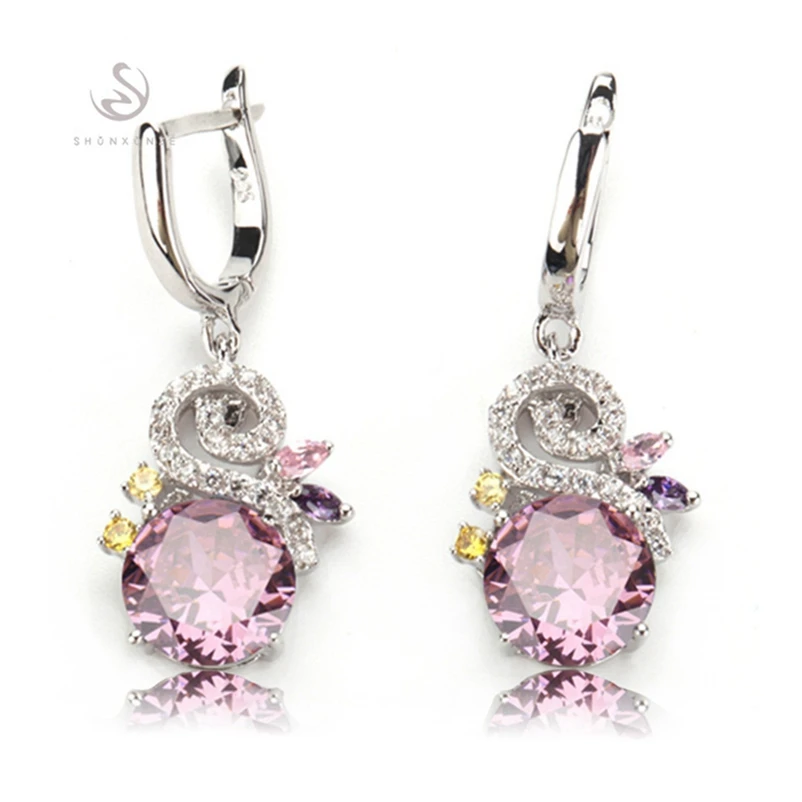 SHUNXUNZE Luxury Charm Wedding Earrings For Women Dropshipping Pink Rainbow Purple Cubic Zirconia Rhodium Plated R539 R542 R709G