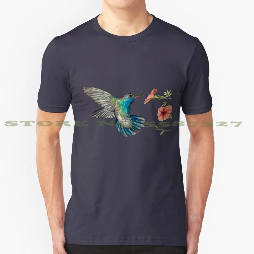 Hummingbird 100% Cotton T-Shirt Hummingbird Wings Fast Flowers Color Blue Green Yellow Illustrate Hover Pink Garden