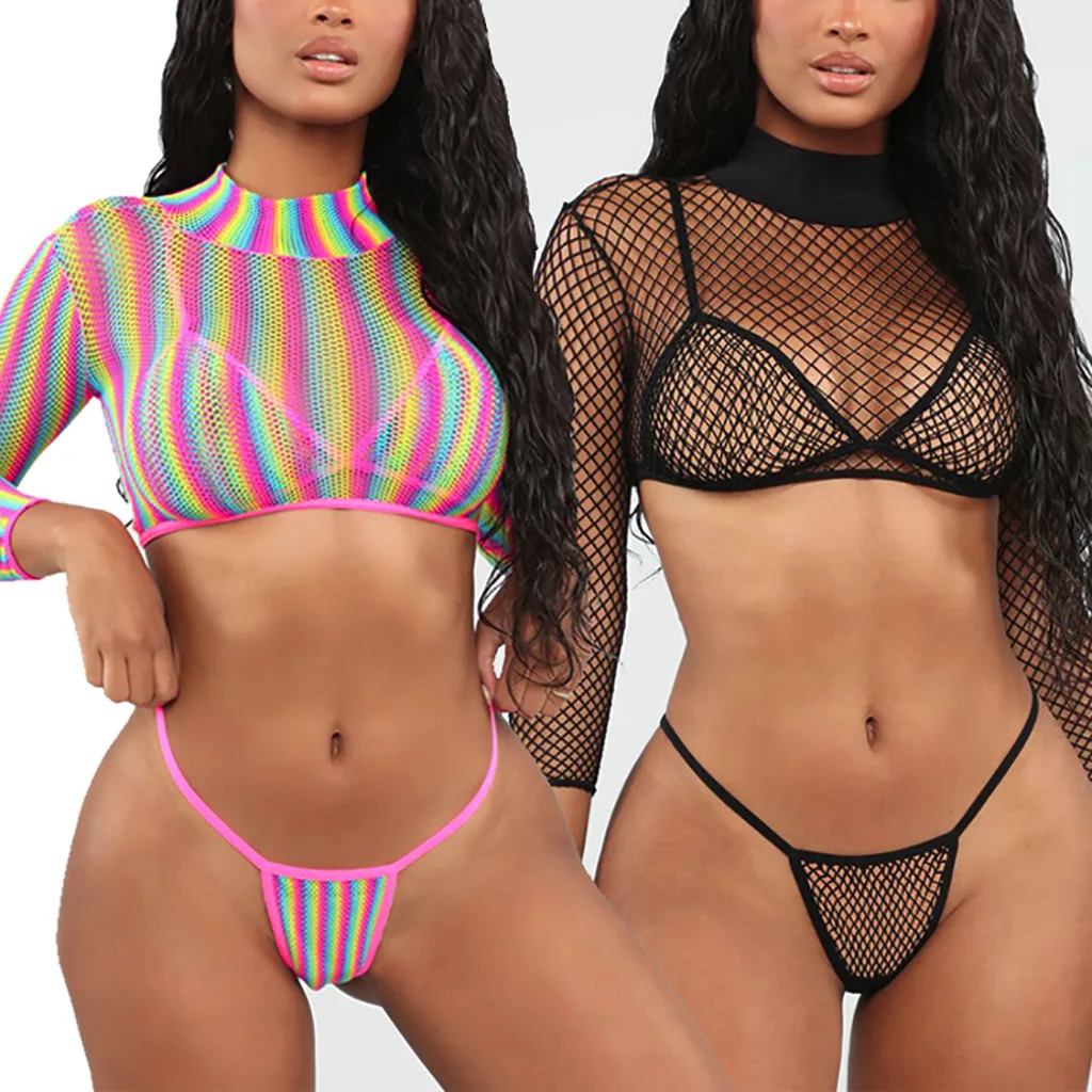 Black Mesh Bikini Brazilian Long Sleeves Swimsuit Push Up Swimwear Women Print Split Biquini See Through Micro Bikinis#1225q25