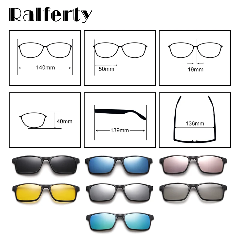 Ralferty – lunettes de soleil magnétiques pour hommes et femmes, polarisées à Clip, carrées, TR90 UV400, montures d\'optique 3D 7 en 1, Oculos A2247