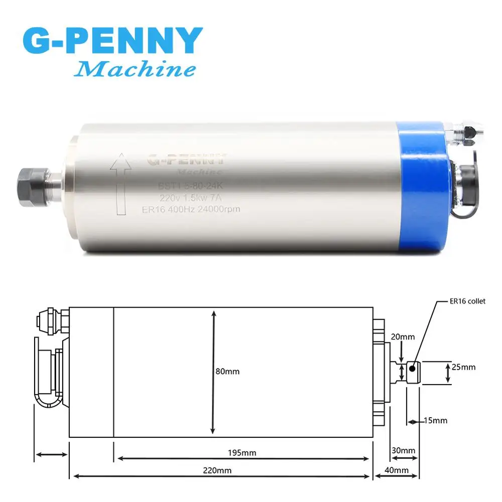 1.5KW water-cooled spindle ER16 CNC spindle motor  Water Cooled 80x220mm & 80mm cast aluminium clamp spindle mount bracket