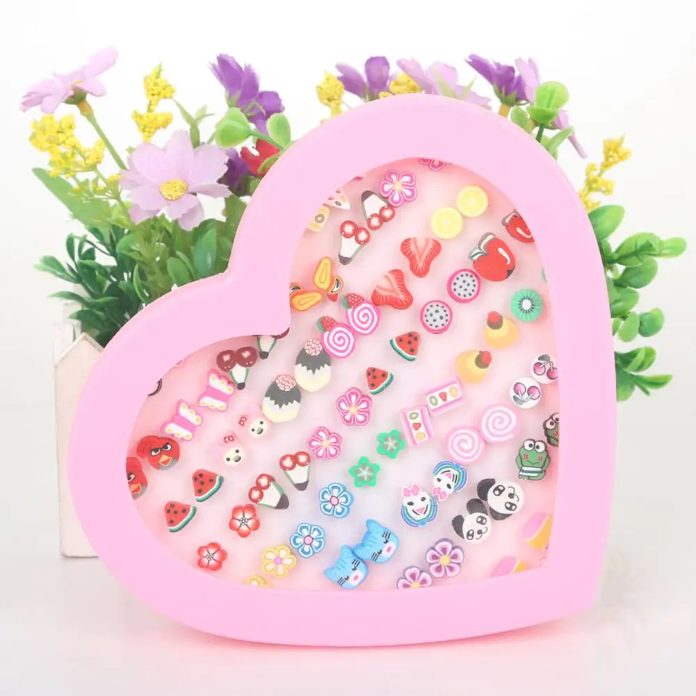 36Pairs Mix Mini Cryatal Flower Clay Earring Stud Set Fruit Cartoon Hypoallergenic Plastic Earrings For Child With Heart Box