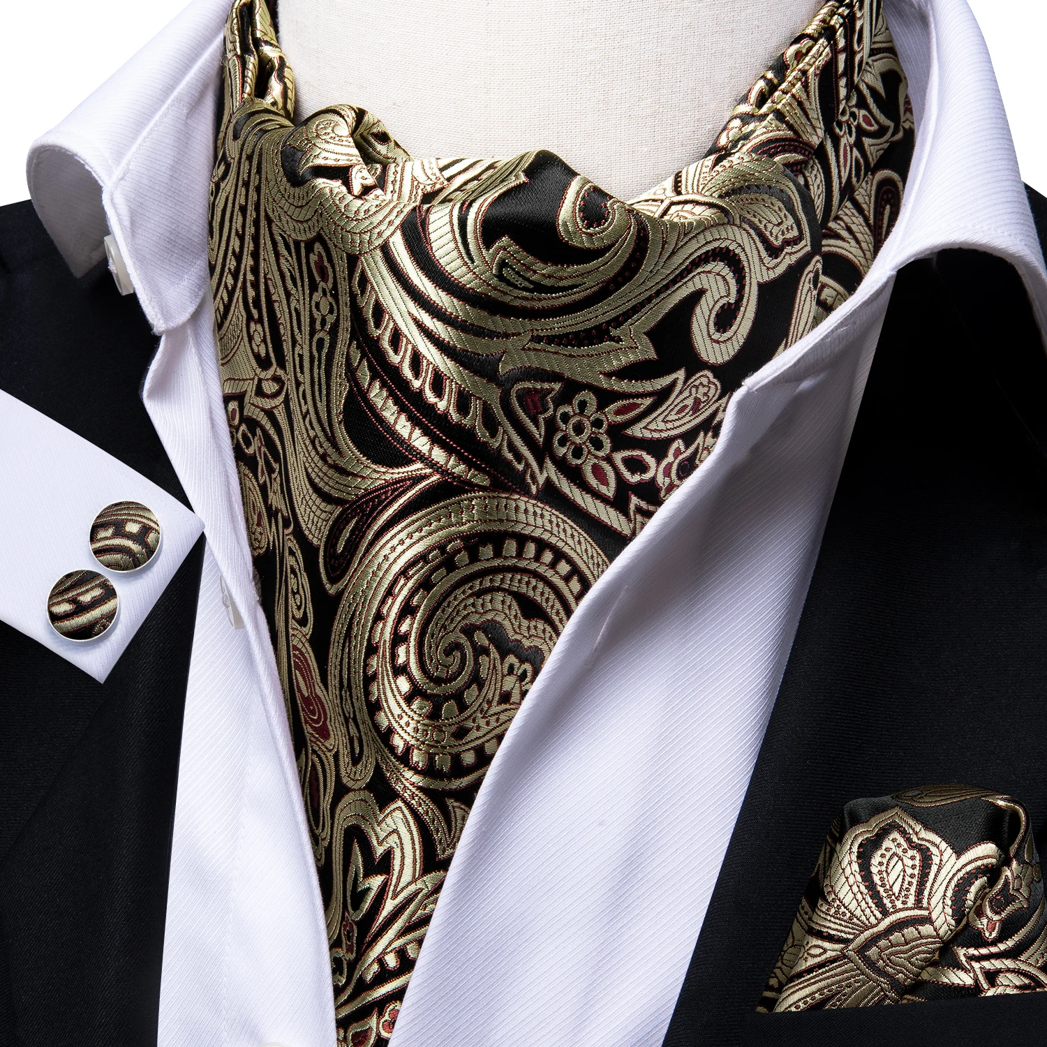 Silk Luxury Paisley Scarf Tie Black Golden Ascot Cravat Set for Men Vintage Casual Big Floral Wedding Neck Tie Pocket Square Set