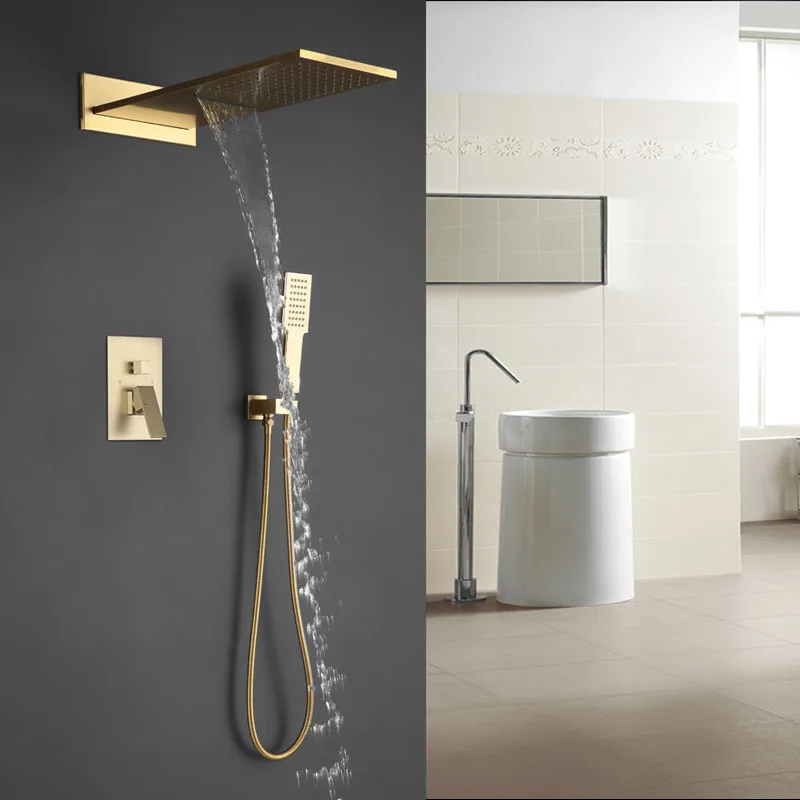 Luxury Brushed gold Wall Mounted Waterfall Rainfall Brass Bathroom Shower faucet set 3 Functions Copper Shower Complete Set