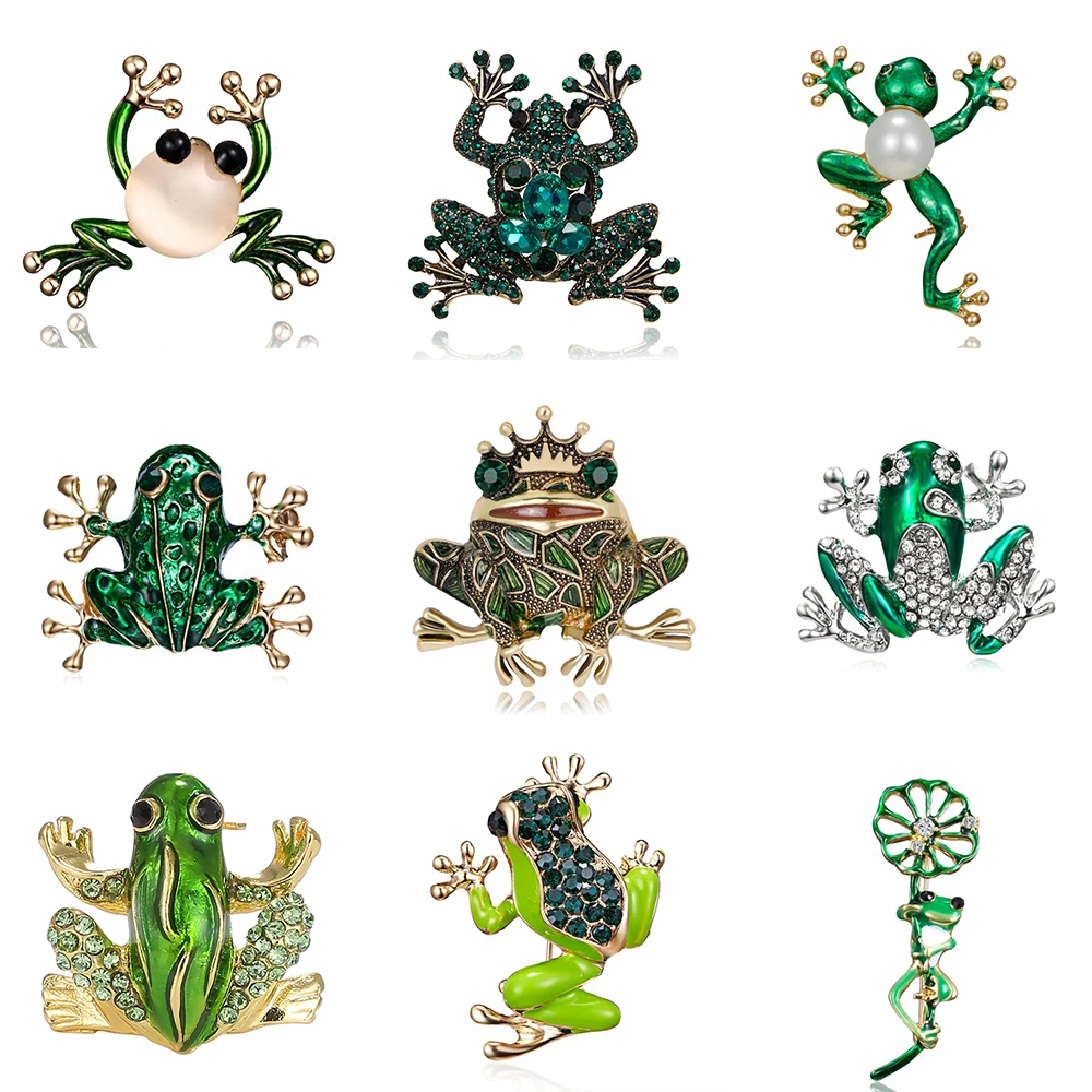 Fashion Green Frog Enamel Brooch Vintage Crystal Frog Animal Brooches Badge Pop Culture Lapel pin Frog Jewelry gift for Friends