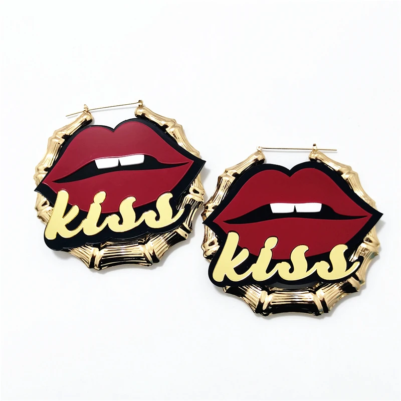 KUGUYS KISS Red Lips Big Bamboo Hoop Earrings for Women Mirror Gold Color Letter Hyperbole Hiphop Rock Acrylic Festival Jewelry