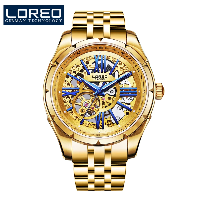 

LOREO Mens Watches Top Brand Luxury Hollow Stainless Steel Gold Mechanical Watches Waterproof Sapphire Watch Relogio Masculino