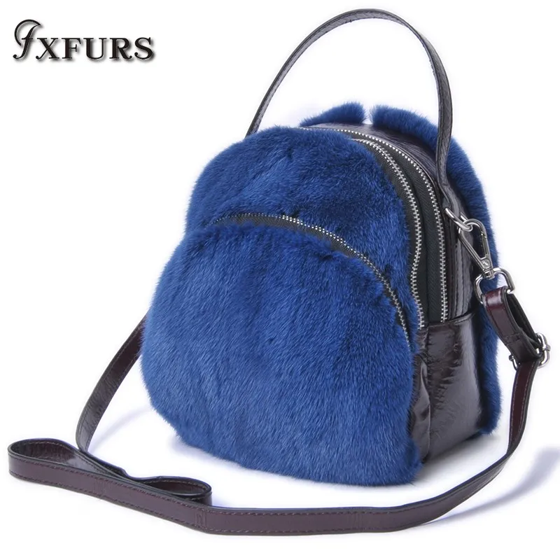 2020 Imported Whole Skin Mink Fur Handbags with Oil Wax Style Creased Head Layer Cowhide Variable Portable Slung Backpack Bags