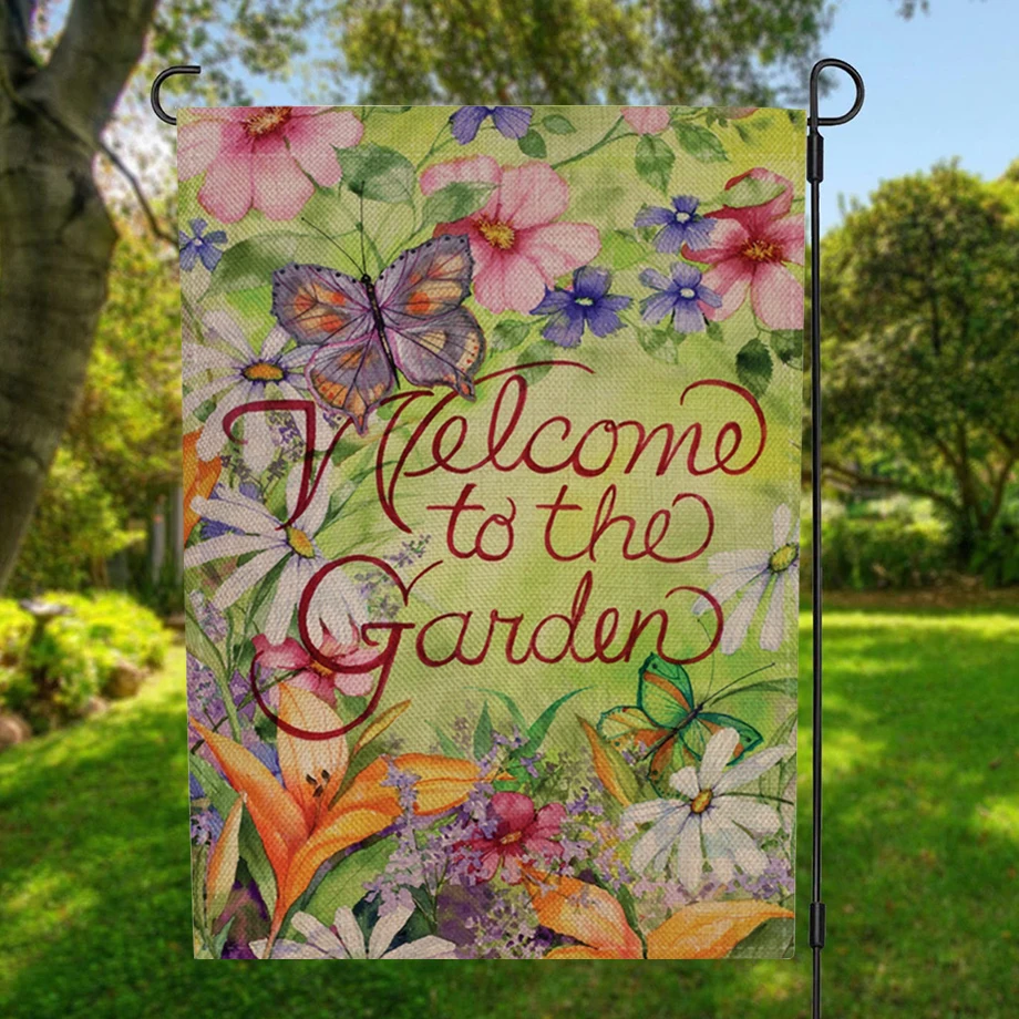 Двусторонний баннер с цветами «Добро пожаловать в саду» и ветрозащитным резиновым стопорным зажимом 12,5 x 18,5 дюймов 32x47 см для домашнего декора