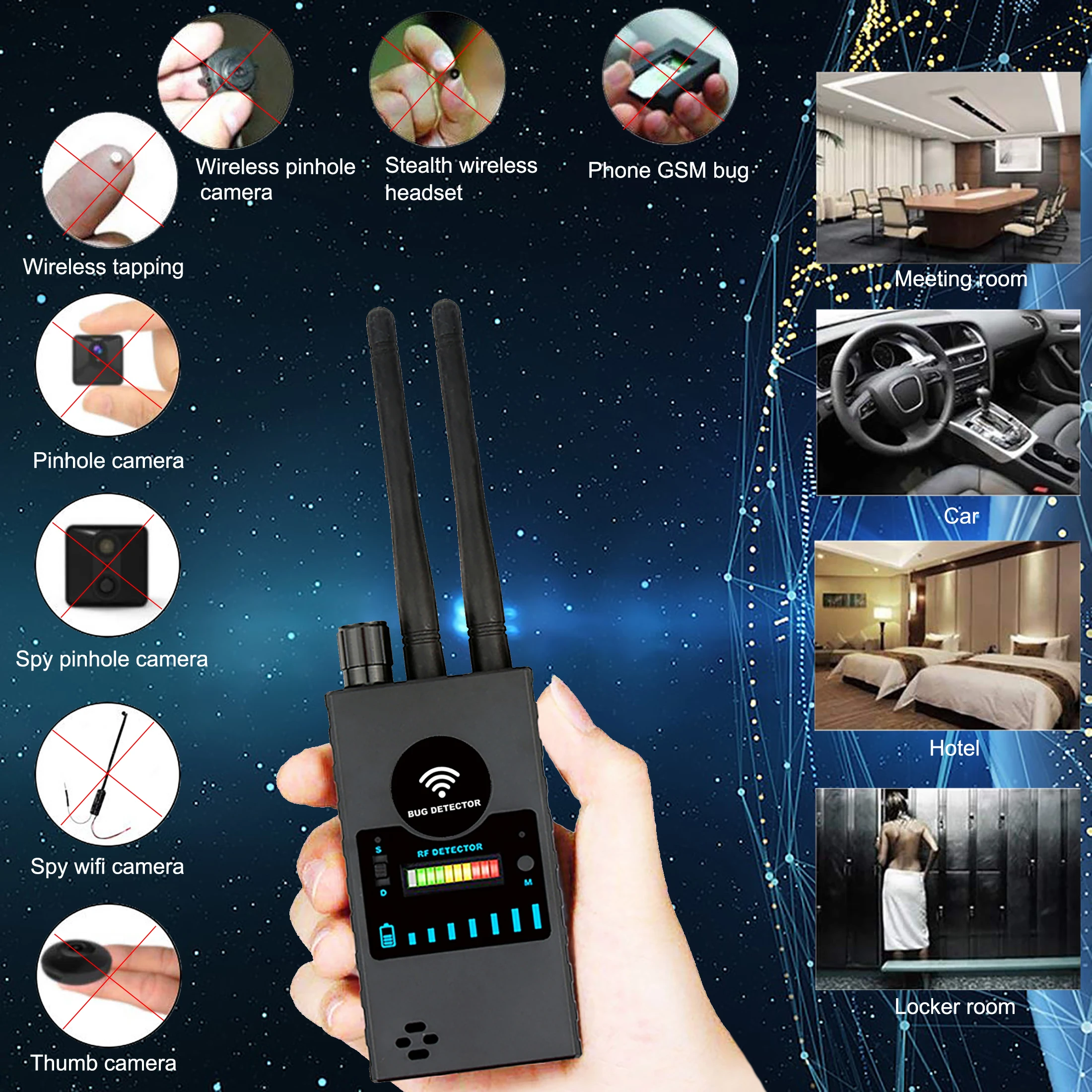 

Anti Spy Hidden Camera Detector GSM Mobile Audio Bug Finder GPS Tracker Wireless RF Signal Detect Bug Bluetooth Headset Scanner