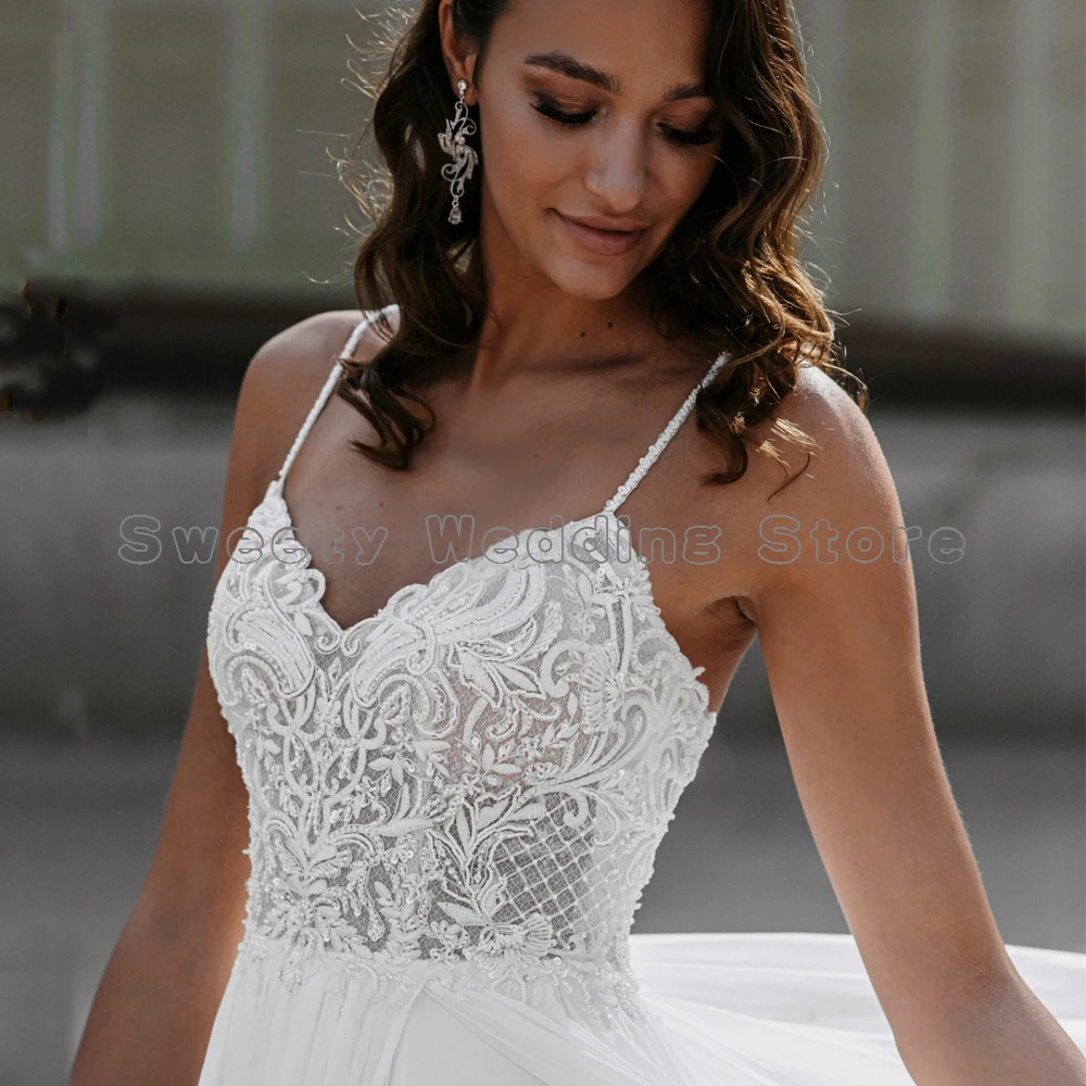 Chic Beach Wedding Dresses Customized Spaghetti Straps V Neck Sequin Lace Chiffon A Line  Gowns High Slit Bridal Dress