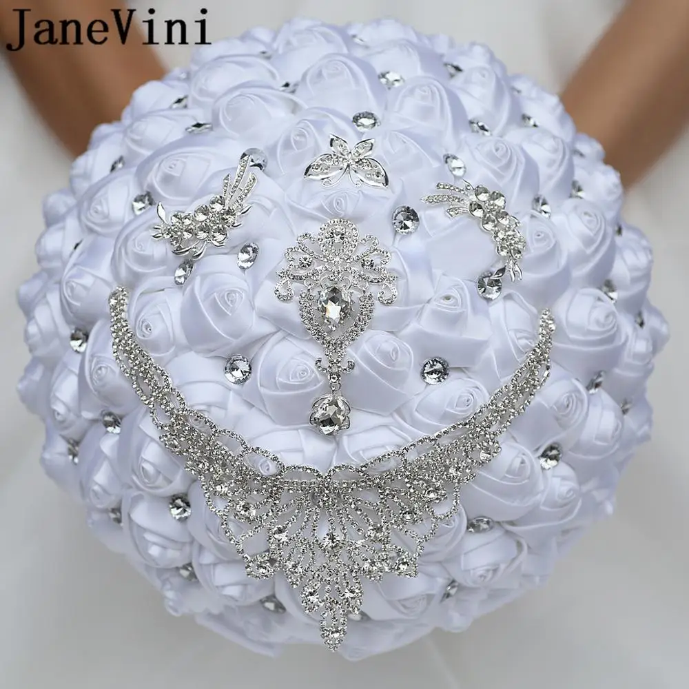 JaneVini 30CM Grandi Bouquet da Sposa per la Grande Sposa Rose di Raso Bianco Scintillante Farfalla di Cristallo Gioielli Bouquet da Sposa 2024