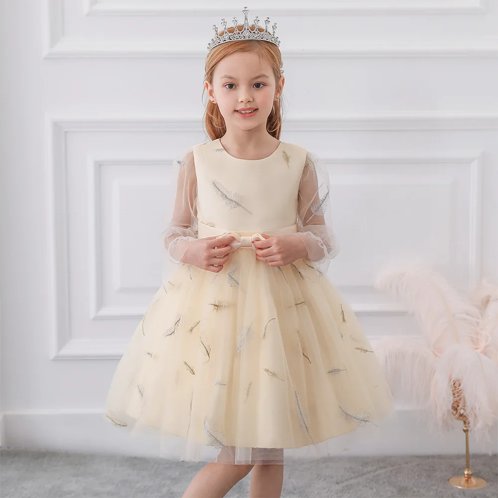 2021 New Girl Princess Dress Skirt Small Xiangfeng Long-sleeved Mesh Pontoon  Feather Embroidered Children's Wedding 