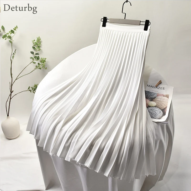 Women\'s Elegant Sector Pleated Twill Skirt With Chiffon Liner Female High Waist Side Zipper White Long Skirts 2024 Spring SK521