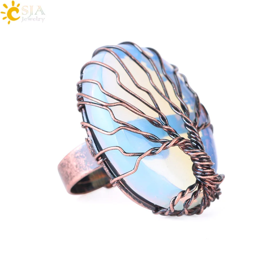 CSJA Antique Rings for Women Vintage Finger Jewelry Egg Shape Natural Stone Bead Wire Wrapped Tree of Life Adjustable Ring F391