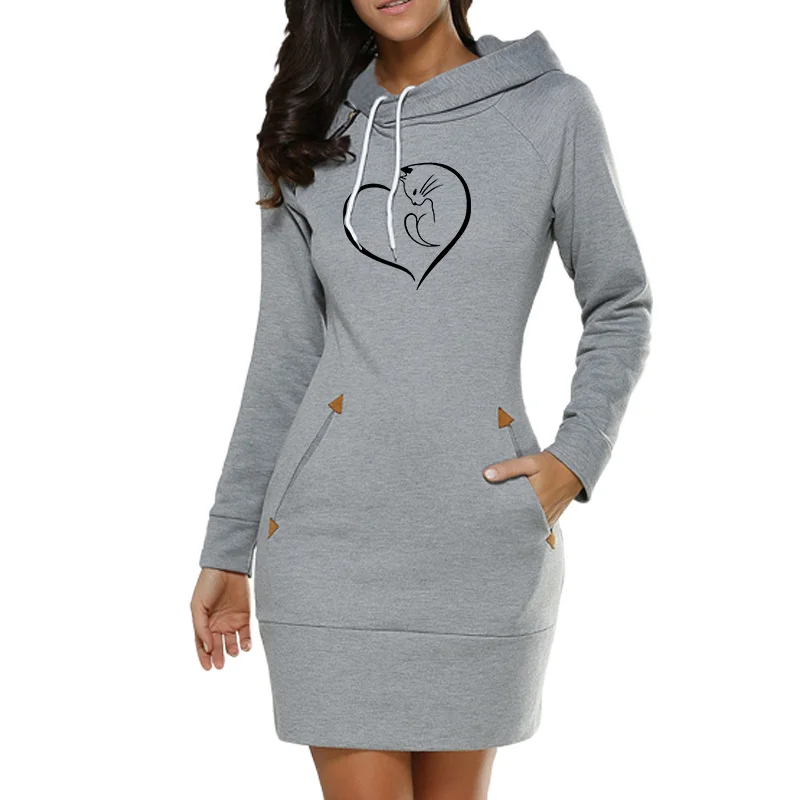 Women Sweatshirt Dress Hooded  Long Sleeve  Casual Hoodies Dress Drawstring Pullover Tops Streetwear Dropshipping