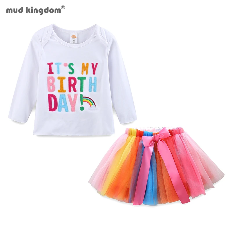 Mudkingdom Cute Girls Birthday Outfits Colorful Decals Long Sleeve Tops and Tutu Skirt Set for Girl Clothes Kids Clothing