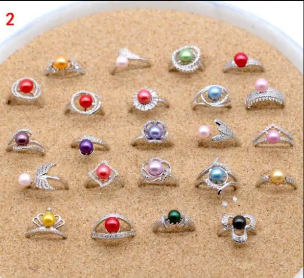 

Cheap and beautiful Sliver Plated Ring or Mounts with colorful 6-8mm pearl DIY jewelry adjustable ring random mixed XK18