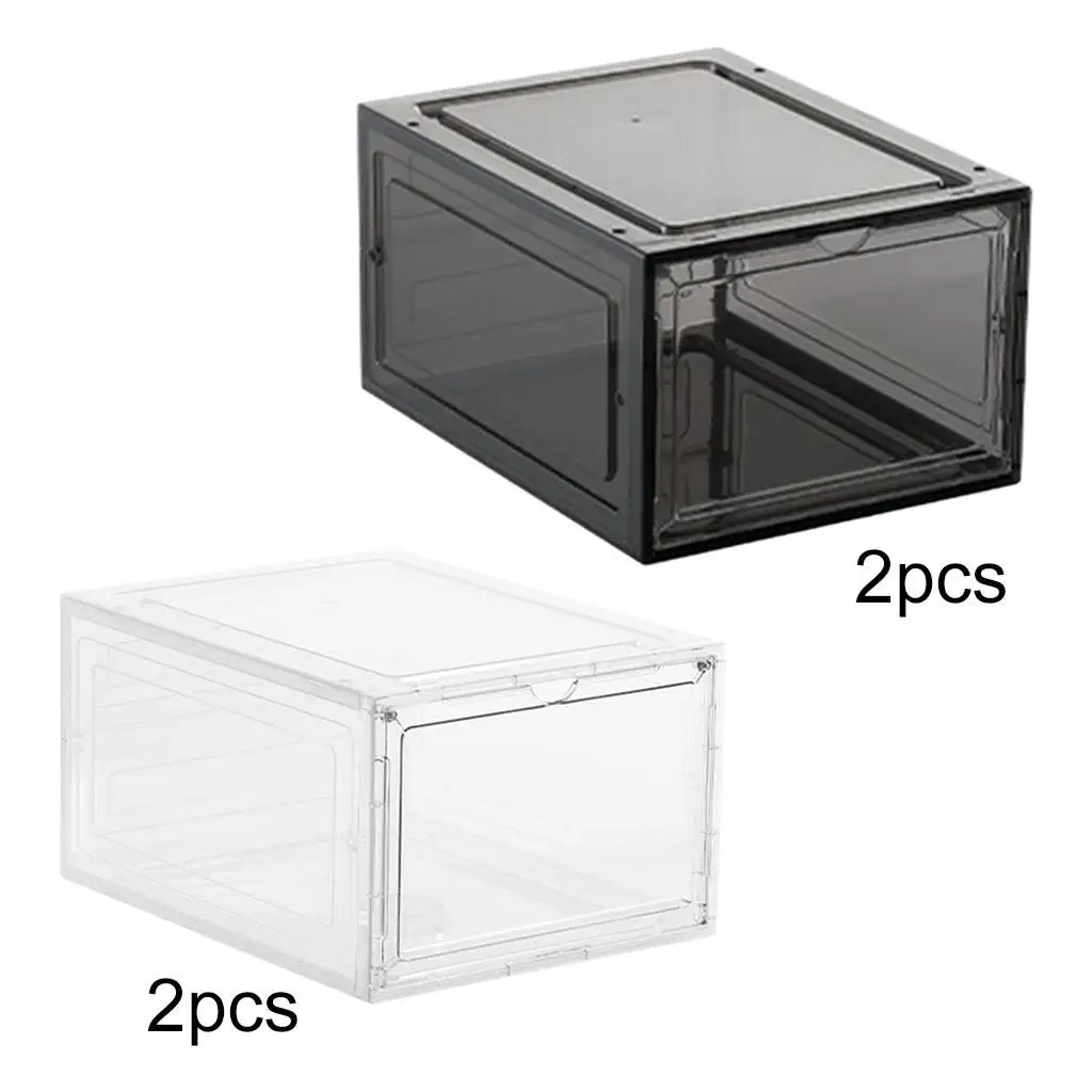 2pcs Clear Dustproof Shoe Box Stackable Magnetic Closure Sneaker for Entryway Bin Case Shoe Holder Containers Display with Lids