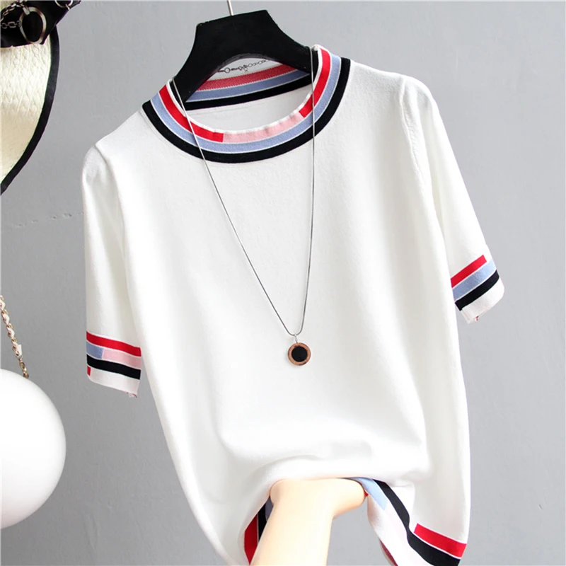 Striped Hit The Color Thin Summer Women Sweater Knitted Elastic Short Sleeve 2024 Woman Clothes Sweater Womens Pullovers Femme