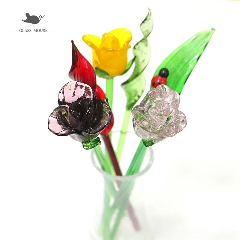 Lampwork Handmade Art Murano Glass Flower Lovely Long Stem Rose Ornament Valentine's Day Holiday Party Gifts For Home Vase Decor