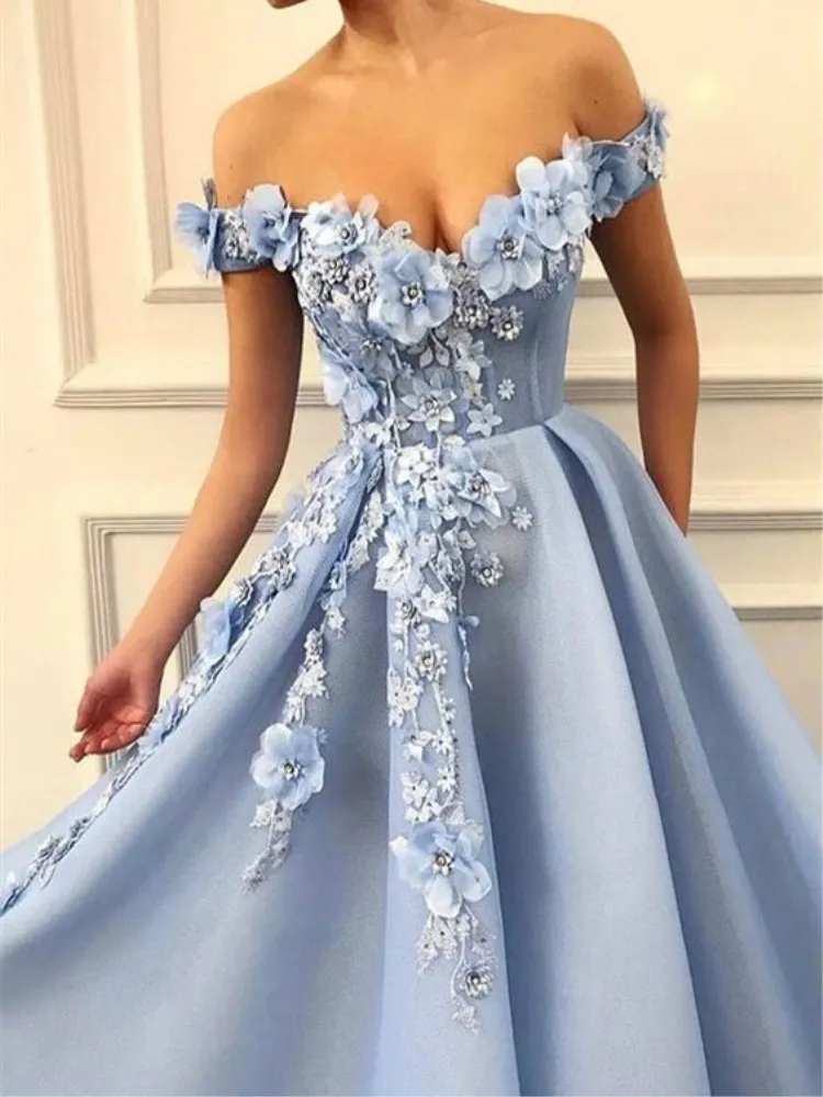 

2021 Off The Shoulder Prom Dresses Flowers Appliques Beautiful Princess Formal Evening Dresses Tulle Backless robe de soiree
