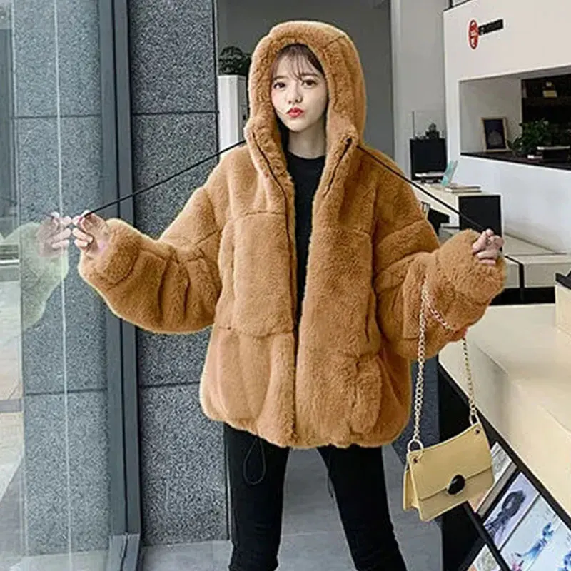 Women\'s Fur Jacket Famale Loose Faux Rabbit Fur Zip Hooded Thicken 2023 Winter Short Fur Coat Excellent Texture Thick Fur