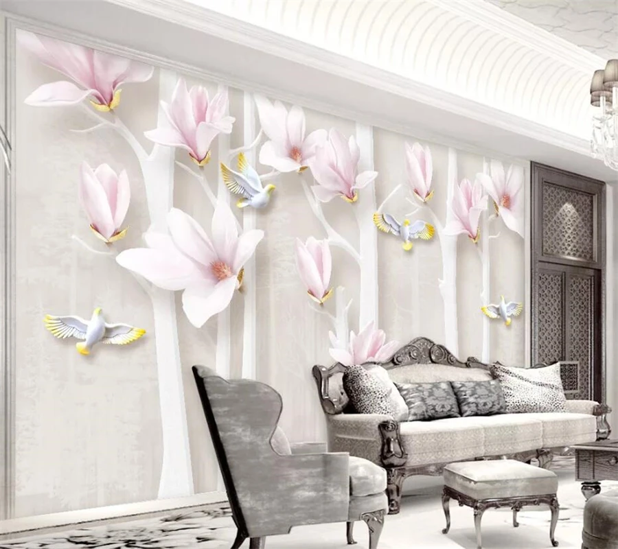 Beibehang Custom wallpaper fresh and elegant 3D murals embossed magnolia Nordic background wall paper mural 3d papel de parede