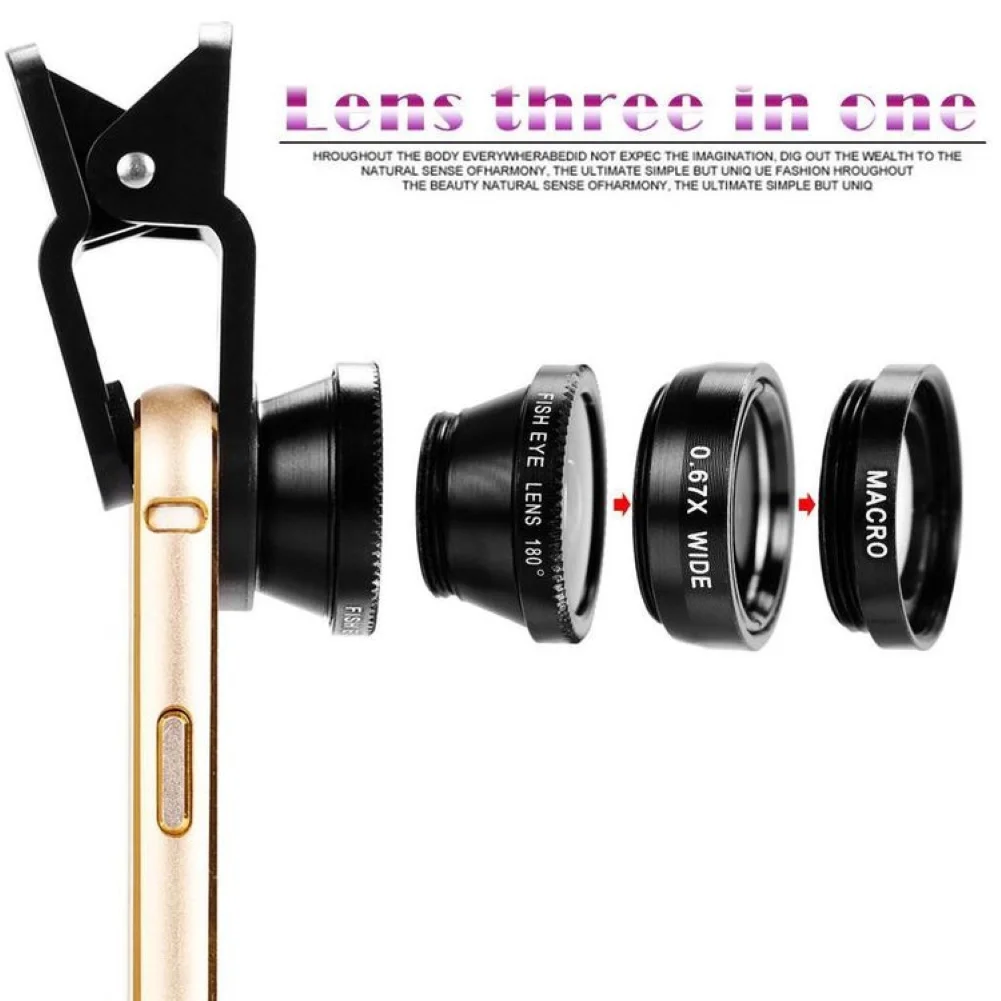 เลนส์โทรศัพท์3ใน1คลิป Universal 0.65X มุมกว้าง Fisheye เลนส์มาโครสำหรับโทรศัพท์มือถืออุปกรณ์เสริม