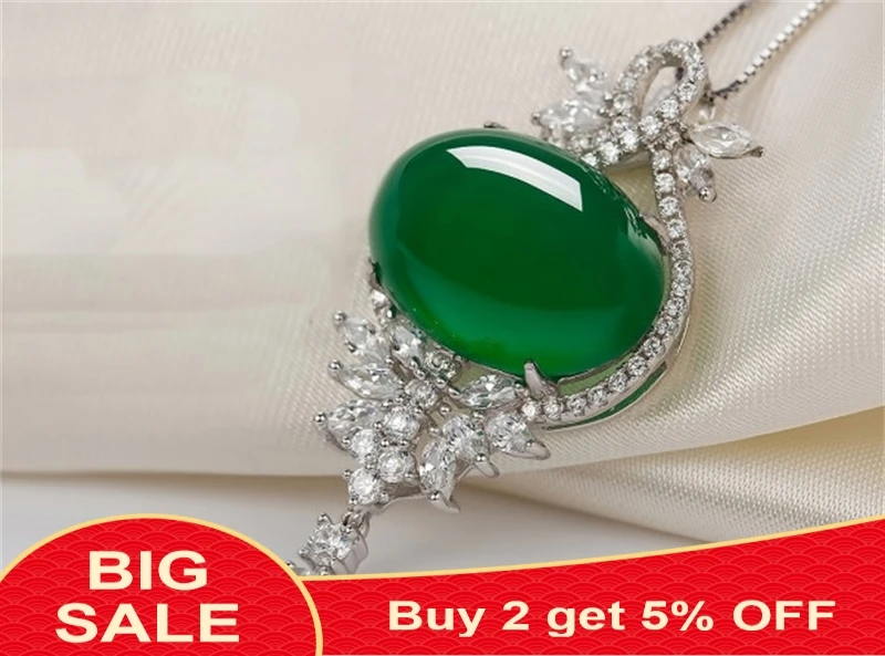 Luxury 925 Sterling Silver Jewelry Natural Gem Crystal Malay Green Pendants Necklaces Charms Jewelry Gift