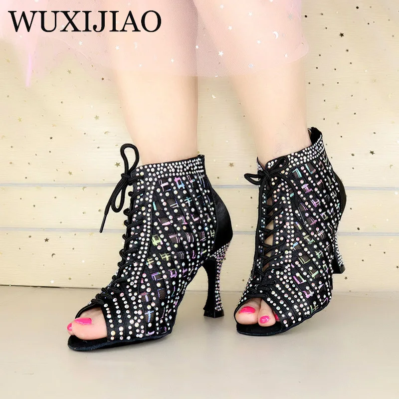 WUXIJIAO Latin dance high boots shoes soft sole shoes salsa ballroom ladies mesh dance shoes Cuba high heels  9CM