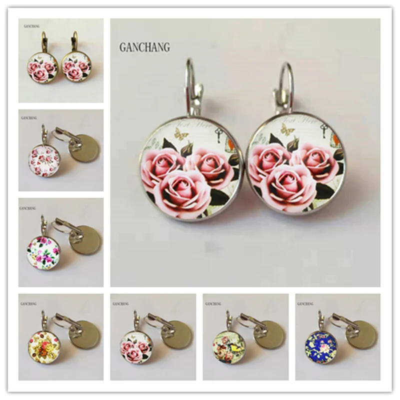 new rose earrings beautiful rose retro round glass handmade photo earrings ladies jewelry
