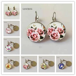 new rose earrings beautiful rose retro round glass handmade photo earrings ladies jewelry