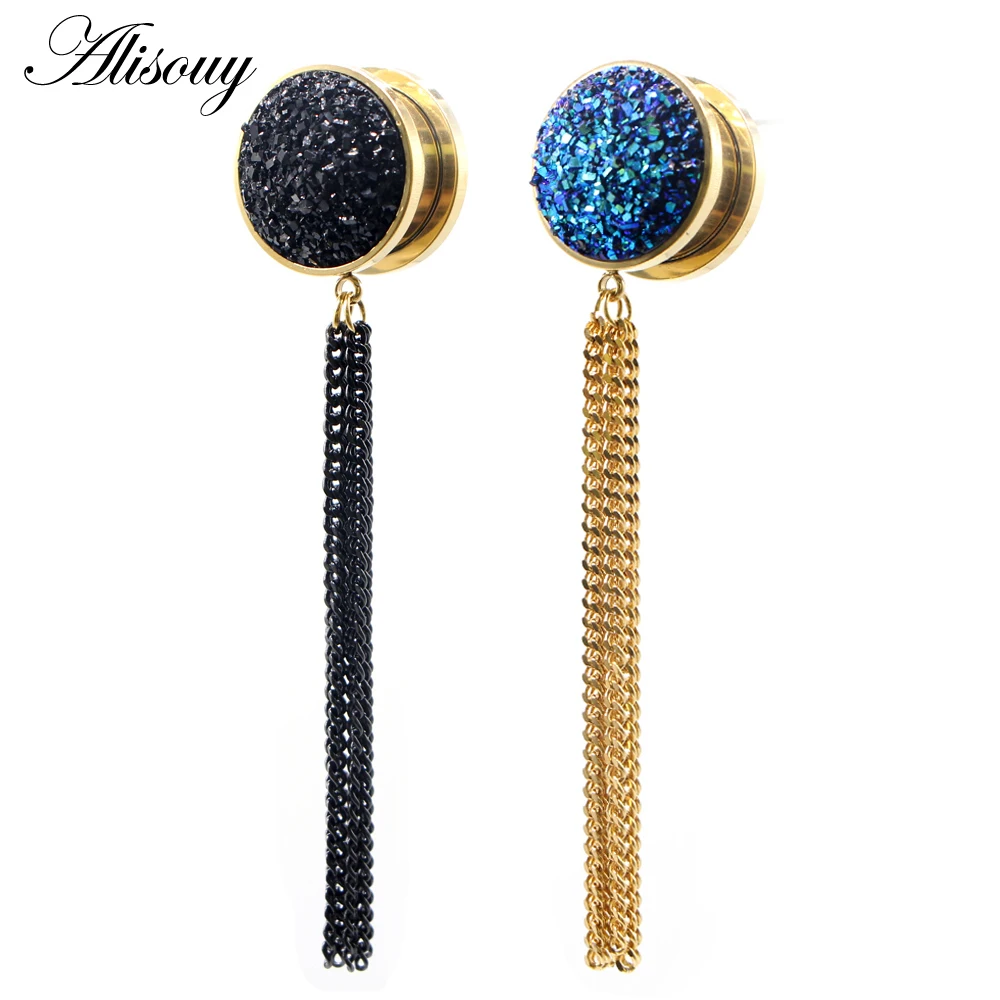 Alisouy 2pcs 6mm-25mm stainless steel chain tassel dangle resin ear plugs and tunnels piercing body jewelry ear gauges expander