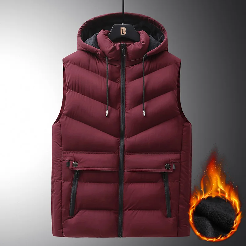 L-6XL Men Winter Vest Coats Fleece Lining Warm Thick Waistcoat Patchwork Design Hat Detachable Man Cotton Sleeveless Jacket