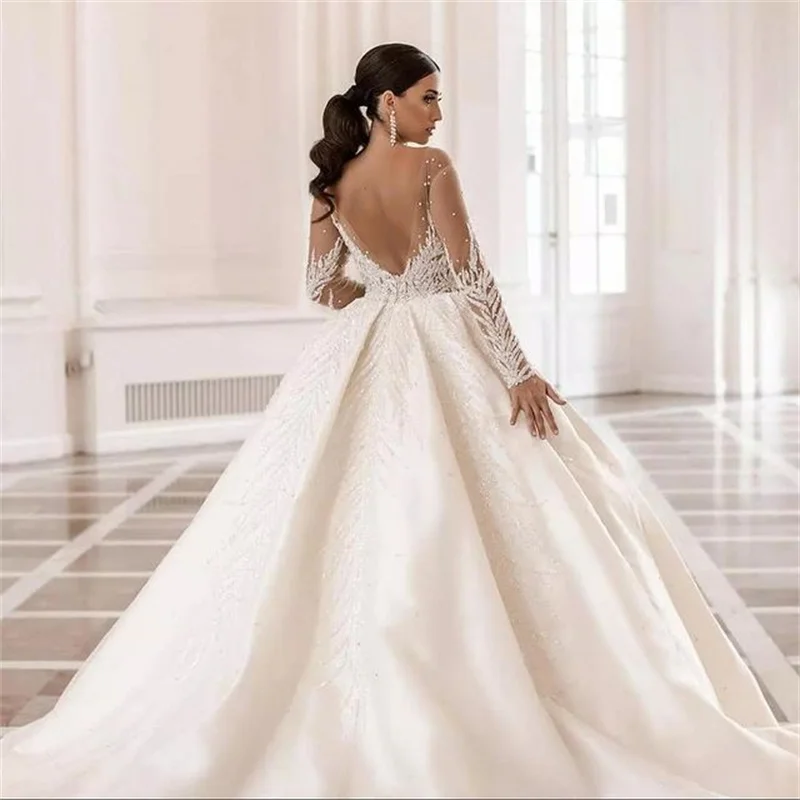 Luxury Arabic Dubai Beads Crystals Ball Gown Wedding Dresses 2022 Vestido de Noiva Soft Tulle Long Sleeve Wedding Bridal Gowns