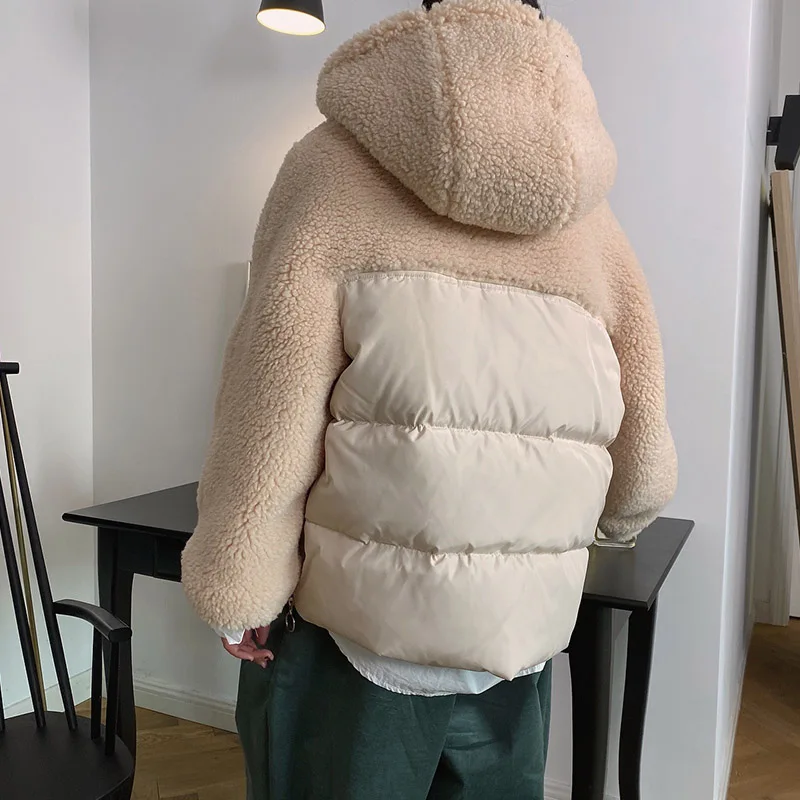 2021 Women Winter New White Duck Down Lamb Wool Stitching Hooded Warm Jacket For Ladies Hooded Loose Thickening Short Coat