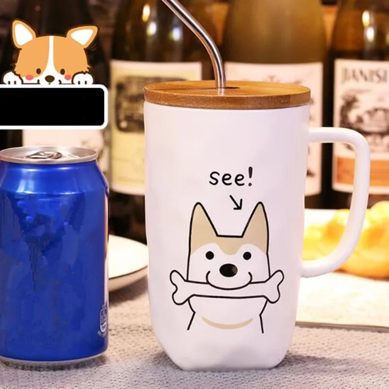 Tazza di Design creativo per cani tazza da caffè in ceramica con coperchio in legno cannuccia in acciaio inossidabile 600ml tazze da tè al latte di