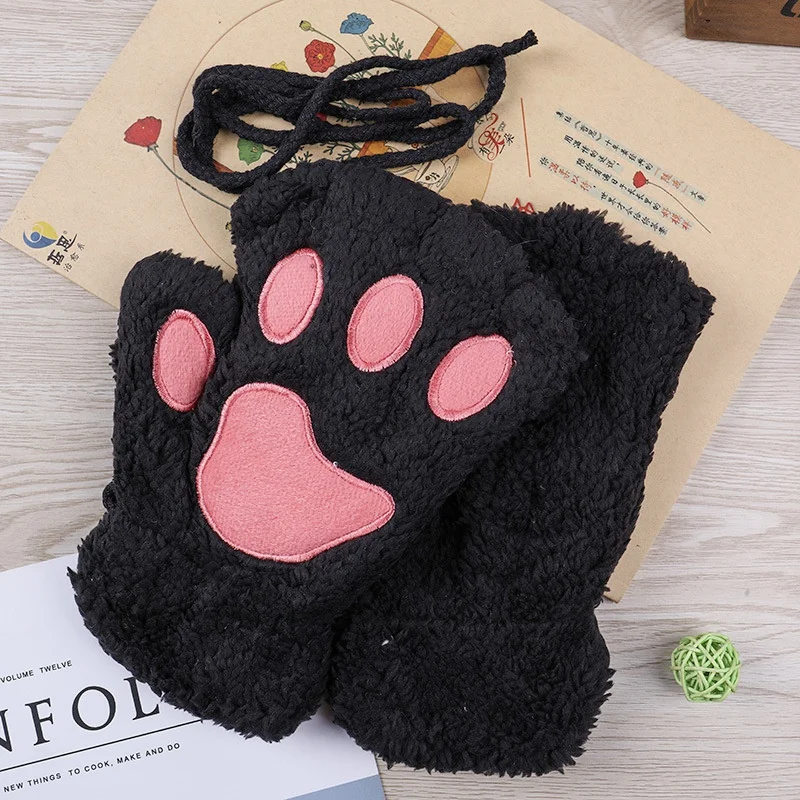 

Women Cute Cat Claw Paw Plush Mittens Warm Soft Plush Short Fingerless Fluffy Bear Cat Gloves Costume Half Finger Party Gift