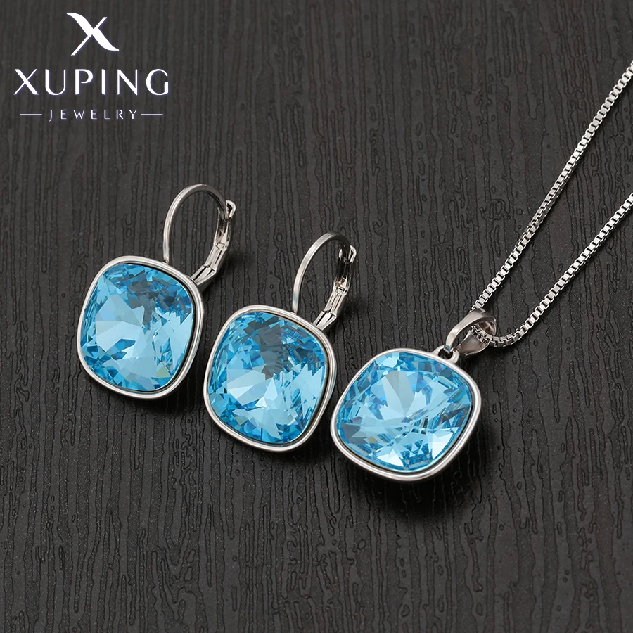 Xuping Jewelry Charm Trendy Square Shaped Crystal Jewelry Set Rodium Color Earring Necklace Set for Women Girl Gift 60090