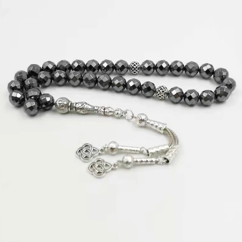 

Natural Hematite Tasbih tangent plane beads Metal tassel Islamic jewelry pendant prayer beads 33 Heavy stone Muslim Rosary