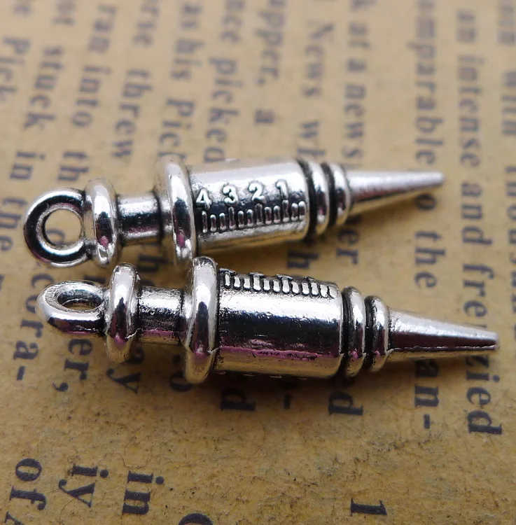 10 pieces/lot 6*25mm Work drum Injector Injection syringe Charm Pendant Bracelet Key chain accessory DIY handmade Craft