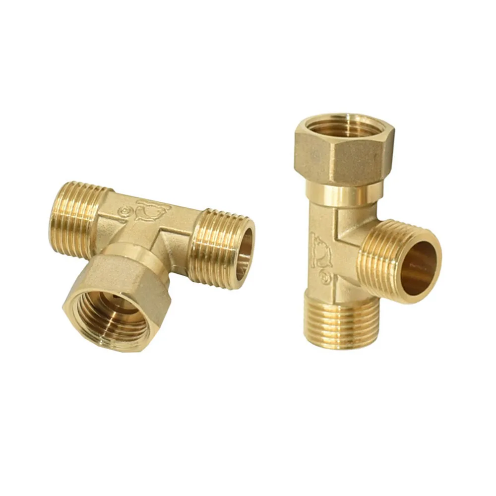 Brass 1/2 Inch Tee Threaded Connector Water Splitter T-shaped Copper Plumbing 1/2 Male Female Connectors 1Pcs